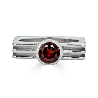 Architectural garnet sterling silver ring with square layered band inspired by NYC High Line