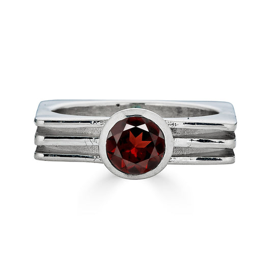 Architectural garnet sterling silver ring with square layered band inspired by NYC High Line