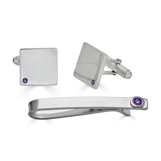 Amethyst Cuff Links and Tie Clip Set