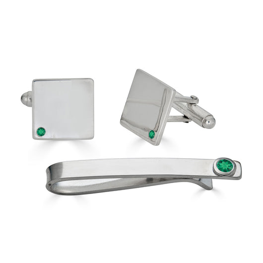 Emerald Cuff Links and Tie Clip Set