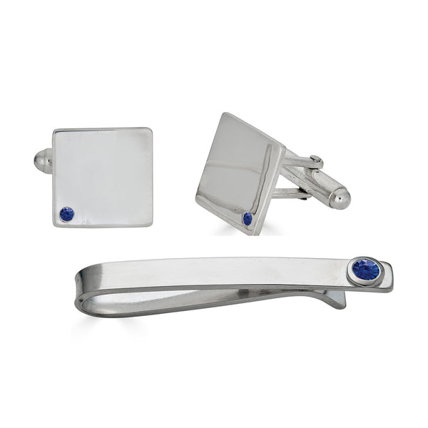 Sapphire Cuff Links and Tie Clip Set