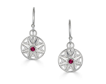 Small Flower Drop Earrings, Ruby Sterling Silver