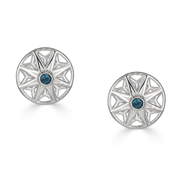 Small Flower Stud Earrings, London Blue Topaz Sterling Silver