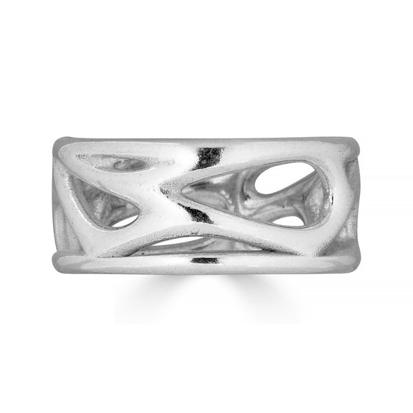 Silver ring with a unique design on a white background