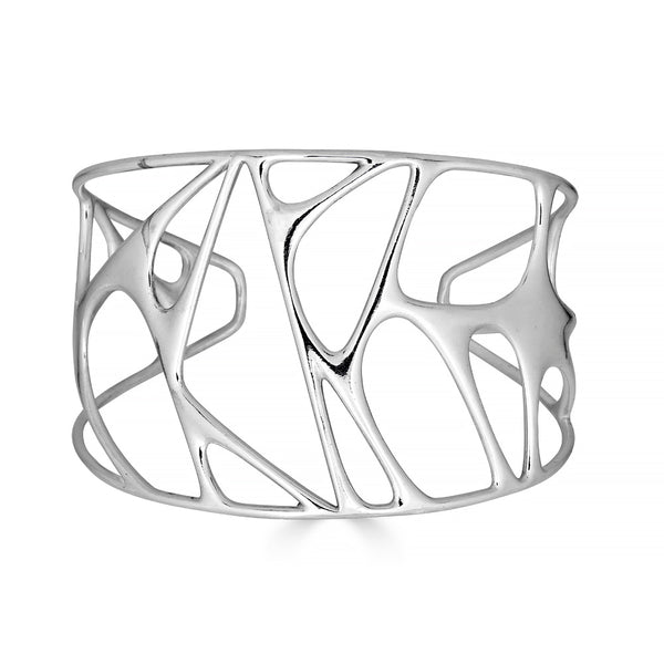 Silver cuff bracelet with intricate design on a white background