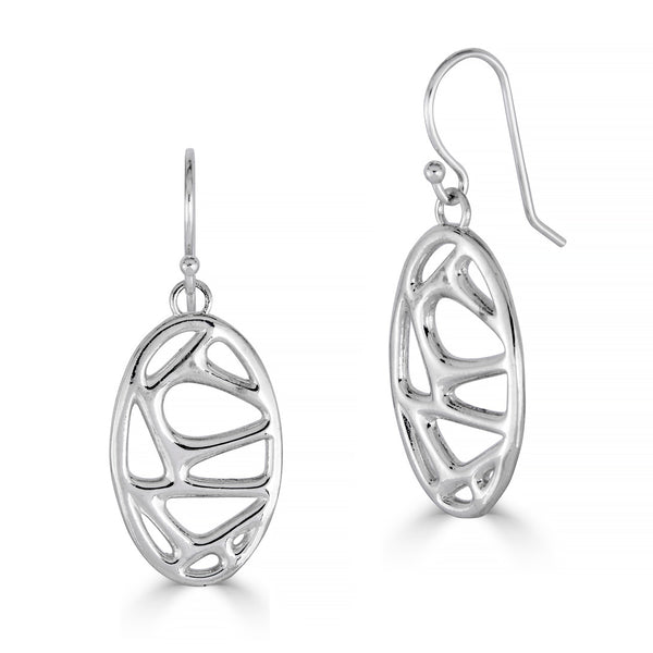 Pair of silver earrings with intricate designs on a white background
