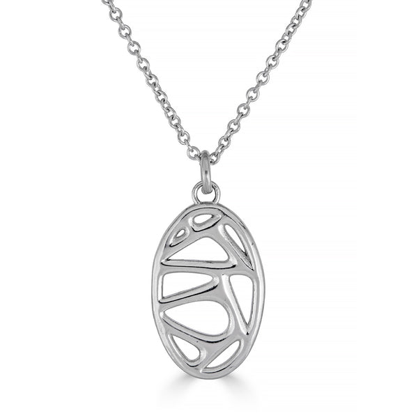 Silver necklace with an oval pendant on a white background