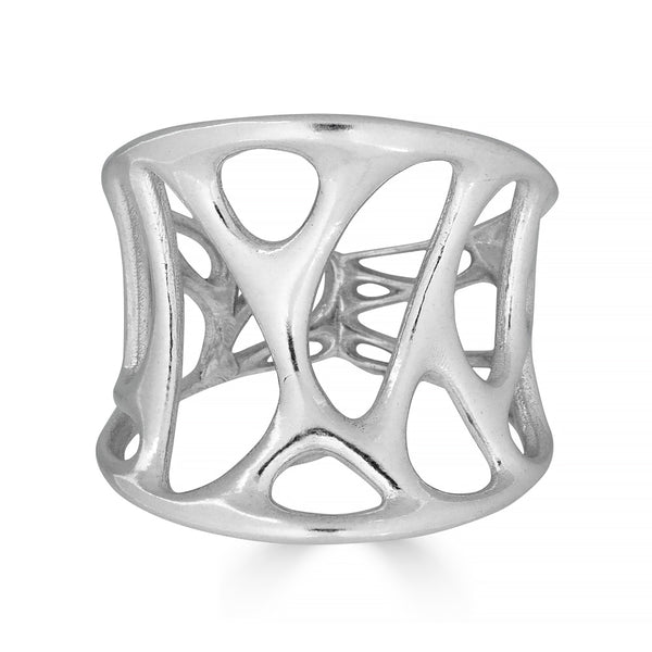 Silver ring with a geometric design on a white background