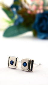 Sterling Silver Sapphire Geometric Stud Earrings