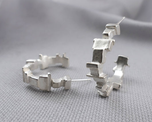 Abstract Formations Silver Hoop Earrings