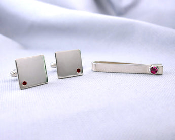 Sterling Silver Ruby Cuff Links and Tie Clip Set | Silver Sculptor