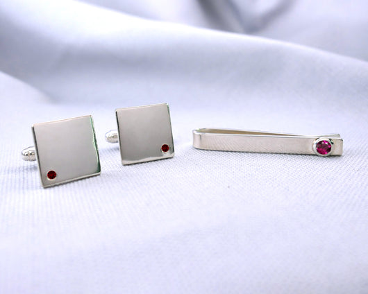 Sterling Silver Ruby Cuff Links and Tie Clip Set | Silver Sculptor