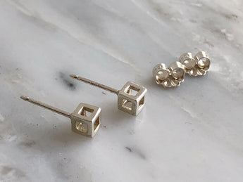 Tiny Sterling Silver Cube Earrings | Silver Sculptor